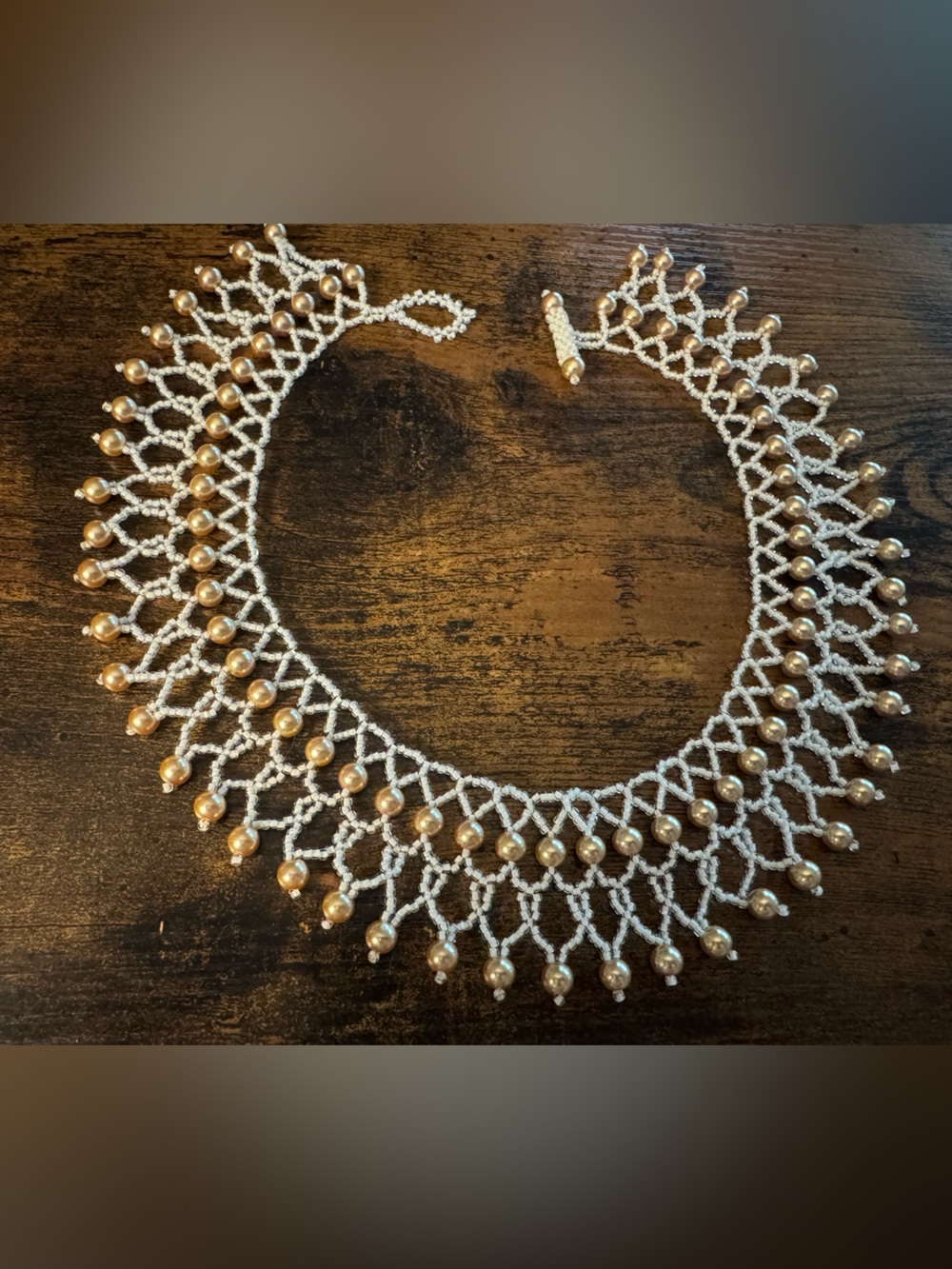 Pearl-Accented Gold and White Beaded Collar Necklace, Boho, Bridal, Approx 15”